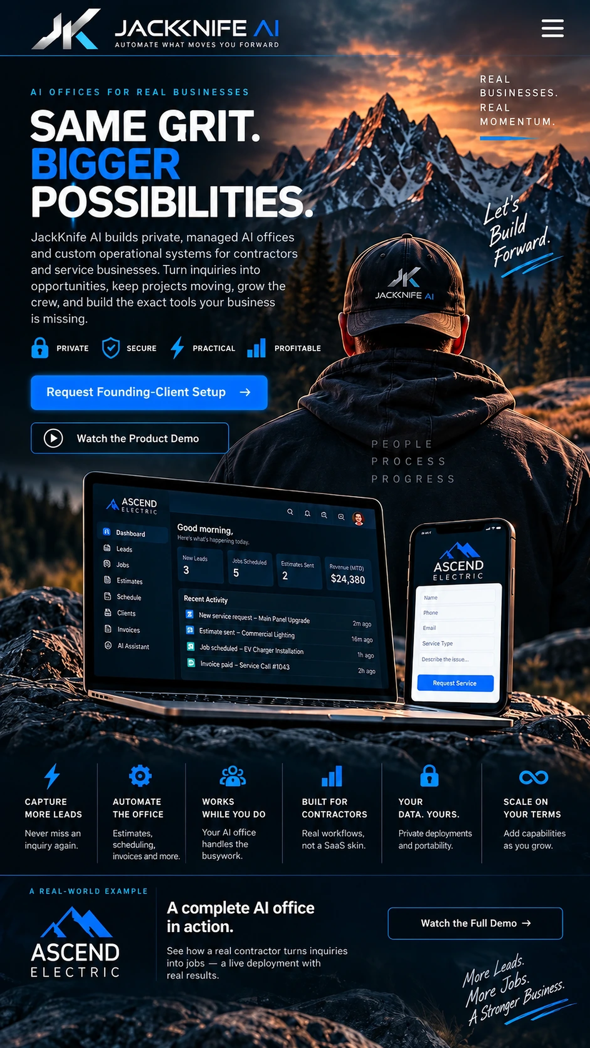 JackKnife AI. Same grit. Bigger possibilities. AI offices for real businesses. The exact approved mountain, contractor, laptop and phone artwork, six business benefits, and Ascend Electric example.