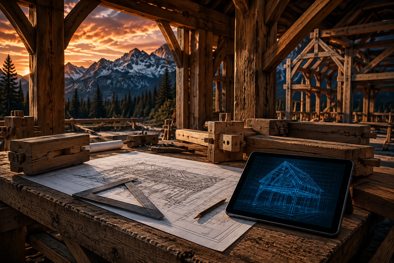 Timber-frame workshop with plans and a blueprint tablet.