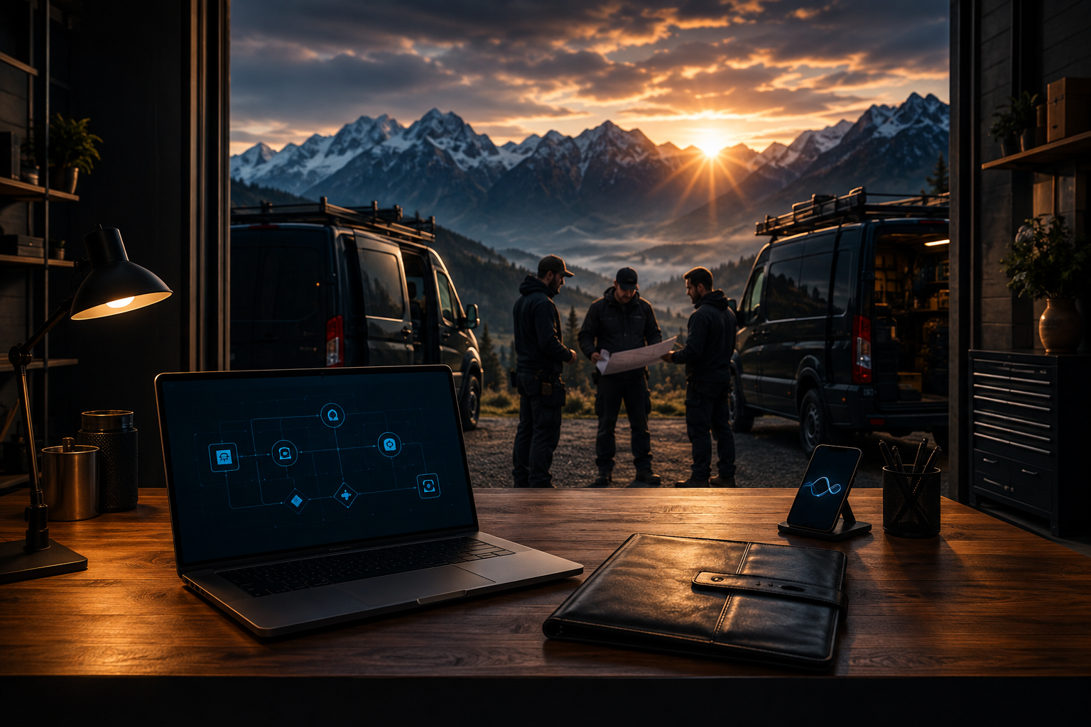 Business workspace overlooking a crew reviewing plans at sunrise.
