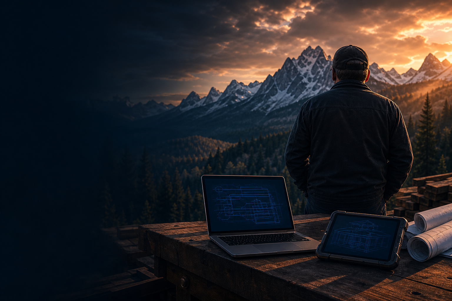 Cinematic mountain scene with a tradesperson, laptop, field tablet and plans.